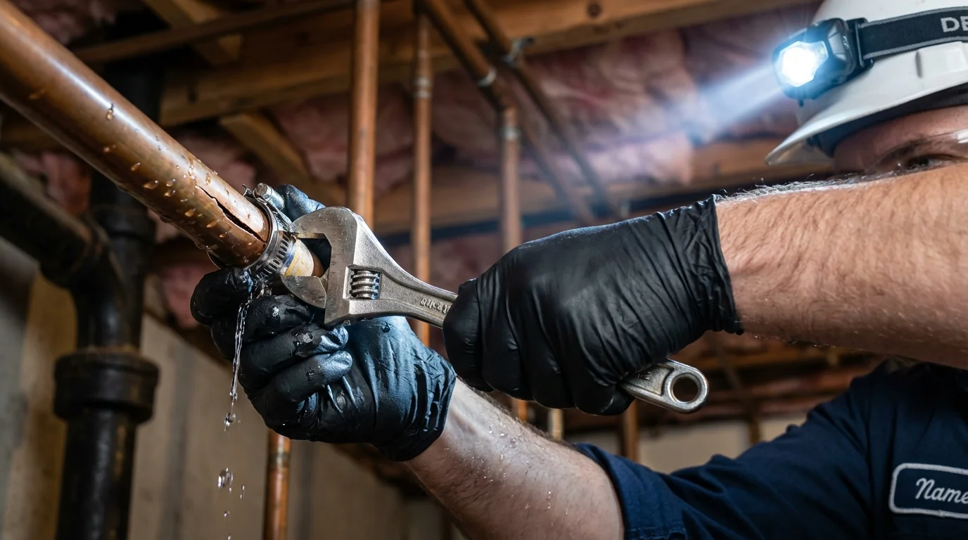 Emergency pipe clamp repair being performed by a Johns Plumbing LLC plumber in Truckee